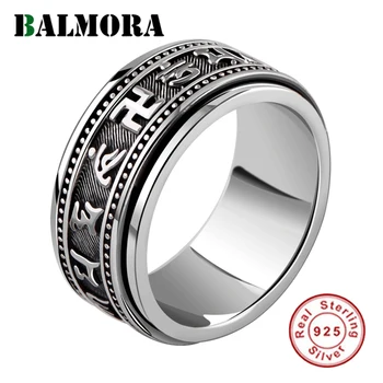 

BALMORA 100% Real 925 Sterling Silver Rotate Six Words Mantra Rings Gifts Religious Jewelry Men Thai Silver Ring SY20186