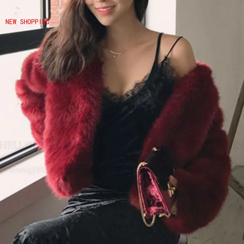 2023 Fashion Short Slim Fit Fur Jacket New Winter Warm Coat Pink Red White Solid Colors Hairy Fur Jacket Outerwear Women Elegant