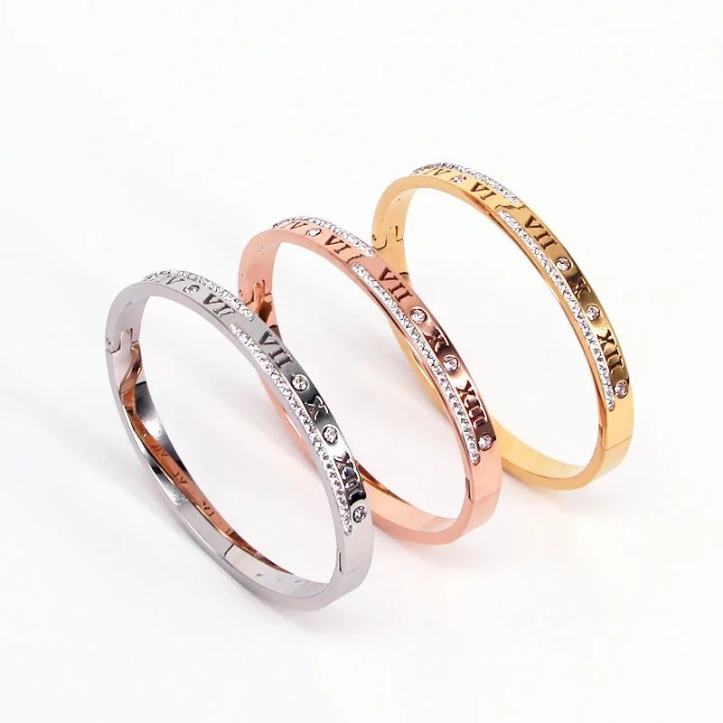 

Trendy Roman Numerals Bracelet for Women Personality Cubic Zirconia Rose Gold Bangle Stainless Steel Female Jewelry