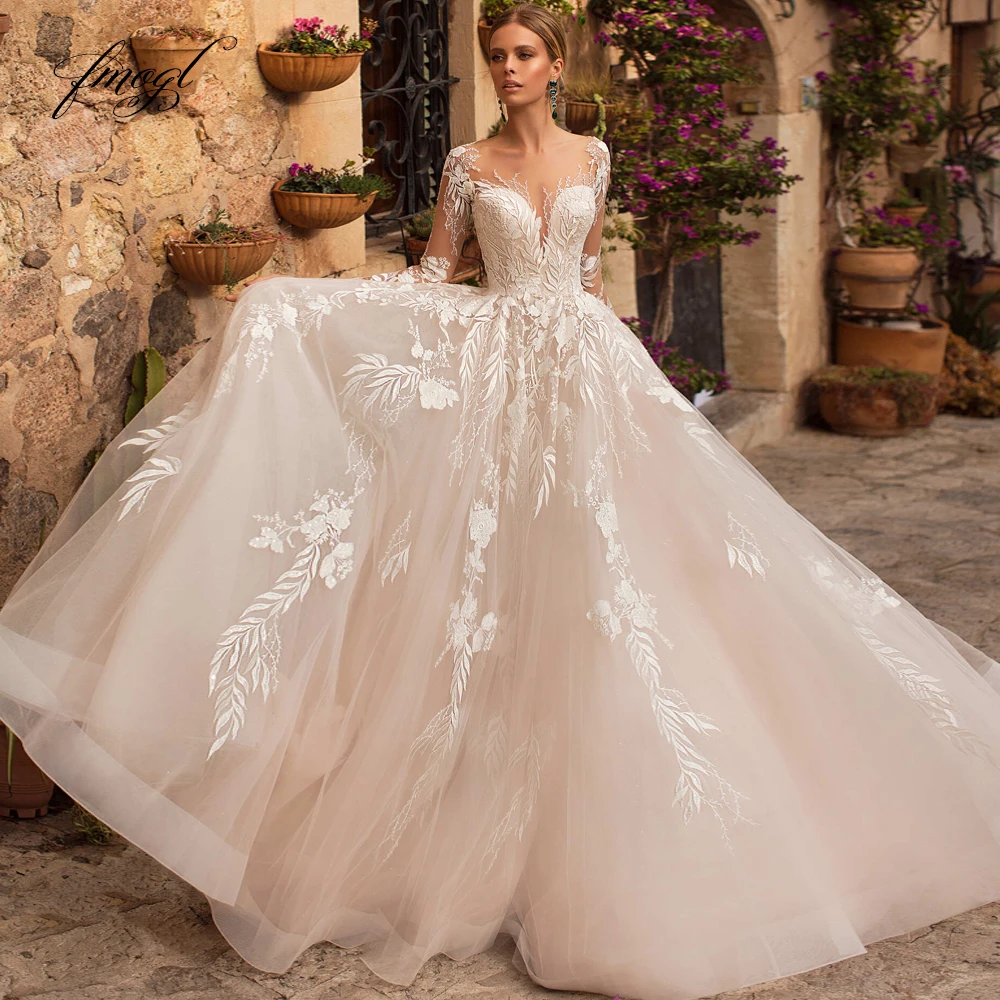 

Fmogl Vestidos De Noiva Long Sleeve Lace Vintage Wedding Dresses Luxury Sweep Train Appliques A Line Tulle Bride Gown