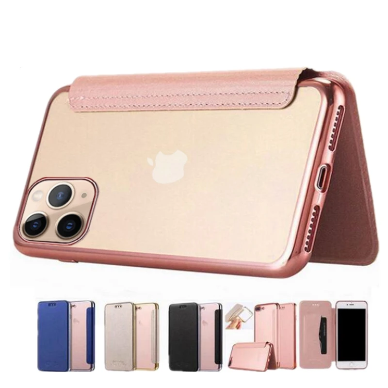 Thời Trang Mạ Điện Slim Book Flip Case Cho iPhone X XR XS Max 5 5S SE 6 6S 7 8 8 Plus 11 Pro Max Khe Cắm Thẻ Đứng Bao Da Clear apple charging case