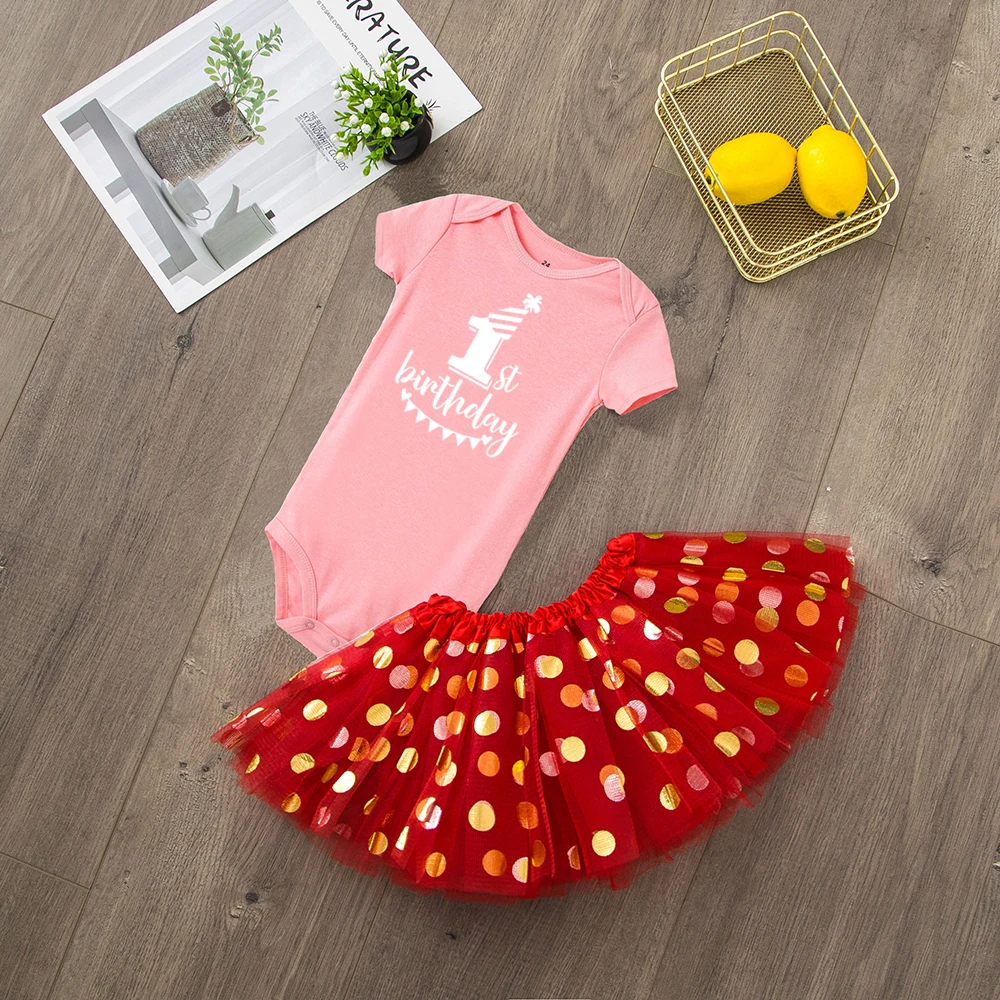 Забавный хлопковый комплект одежды из 2 предметов для маленьких девочек на первый день рождения комбинезон с короткими рукавами для маленьких девочек+ юбка-пачка Модный комплект одежды - Цвет: R149-SQPPKYRD-
