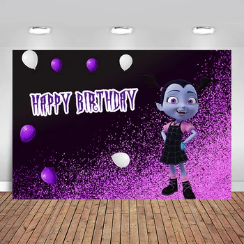 

Background Photography Purple Black Junior Vampirina Backdrop Balloons Girls Birthday Party Backgrounds 7x5FT Vinyl