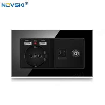 

146 EU Standard DIY Socket Double Frame, German Outlet 2.1A Dual USB Charging Port, Data Socket German Bayer Base, Black