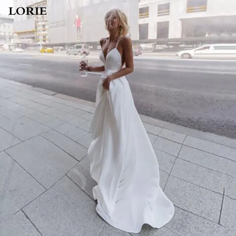 LORIE Slik Satin A Line Wedding Dresses Beach Spaghetti Straps V Neck Bride Gowns 2021 Abito Da Sposa Backless Wedding Gowns