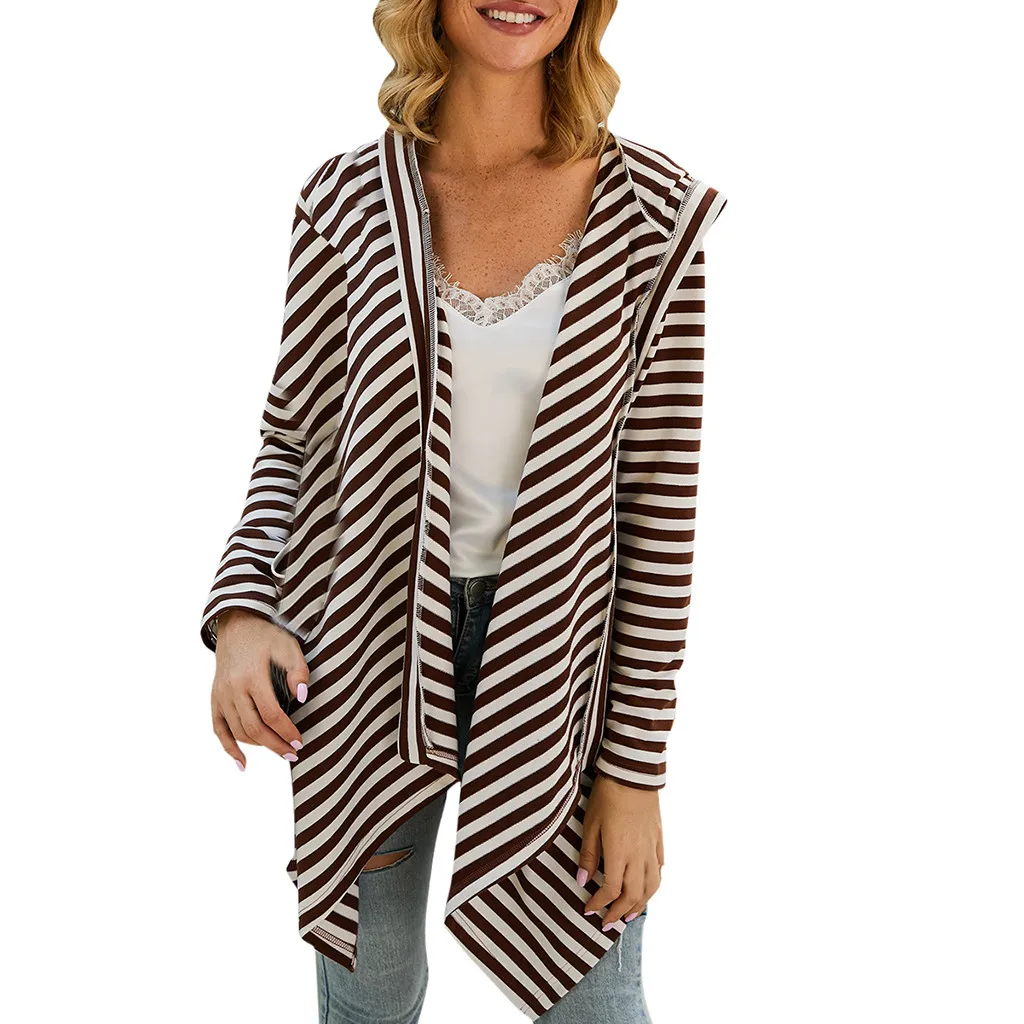 Свободные Страусиные модные пальто и куртки женские повседневные полосатые с капюшоном трикотажные Длинные рукава Кардиган сохраняющие теплые ткани