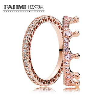 

FAHMI 100% 925 Sterling Silver 1:1 RAU0406 Rose HEARTS OF STACKABLE RING ENchanted Crown Ring Eternal Women's Gift Set Jewelry