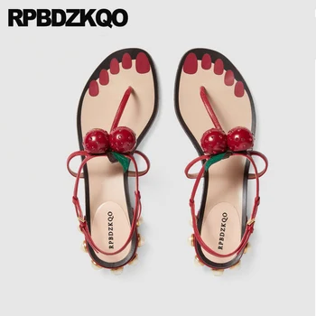 

sandals high quality chunky red low heel luxury shoes women designer thong bohemia pumps block cherry jewel famous brand crystal