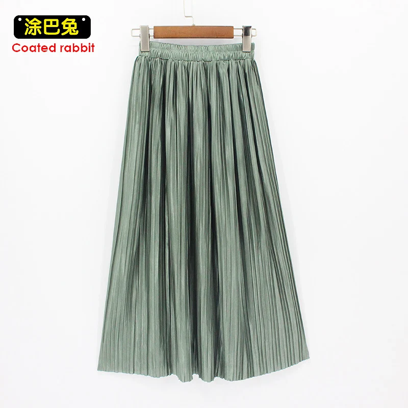 CR Metallic Luster Elasticity Pleated Skirt Woman Europen High Street Style A-Line Mid-Calf Bottoms Party Date | Женская одежда