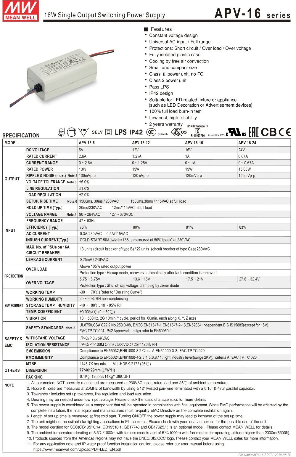 Description Picture 2 of itemOriginal Mean Well APV-16-12 meanwell 12V/1.25A Constant Voltage design 15W Single Output LED Switching Power Supply