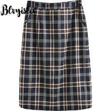 Blvyisla 4XL размера плюс, высокая талия, открытая кромка, клетчатая прямая юбка, женская зимняя средней длины, полосатая сетка, карман, официальные юбки