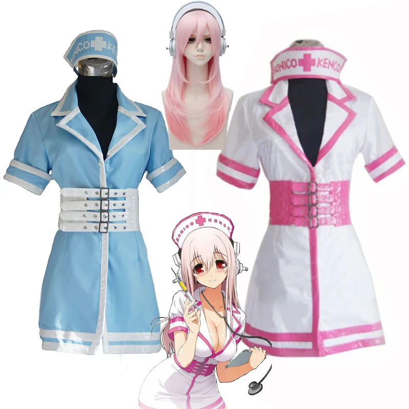 2020-Super-Sonico-SONICOMI-Nurse-Uniform-Cosplay-Costume-Outfit-Supersonico-60cm-Long-Pink-Ombre-Hair-Heat
