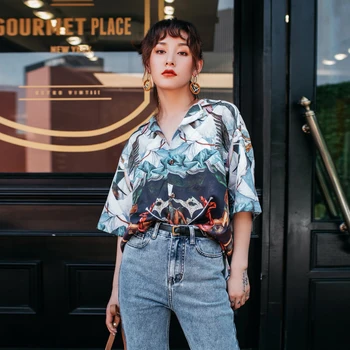 

Vintage Shirt 2019 Women Summer And Autumn Loose Printing Short Sleeve All-Match Female Turn-down Collar Shirts