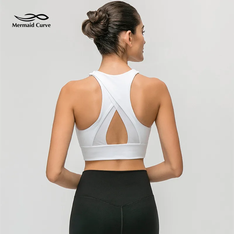 Mermaid Curve Full Cups Sports Bras Back Triangle Net Yarn Patchwork Hollow Out Fitness Bra Women Gym Training Sweat-wicking Bra - Color: White