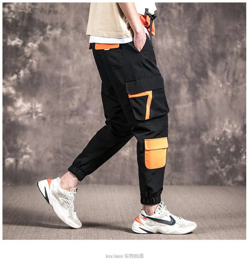 Cargo Pants Men Polyester Comfortable Drawstring Joggers Trousers Black White Many Pockets Ankle Banded Male Casual Pants Boys