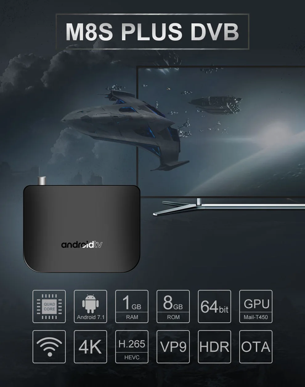 M8S плюс DVB-T2 Android 7,1 ТВ Box Amlogic S905D 1G Встроенная память 8G Оперативная память 2,4G WI-FI 4K H.265 DVB-S/DVB-S2/DVB-S2X M8SPlus DVB медиа-плеер