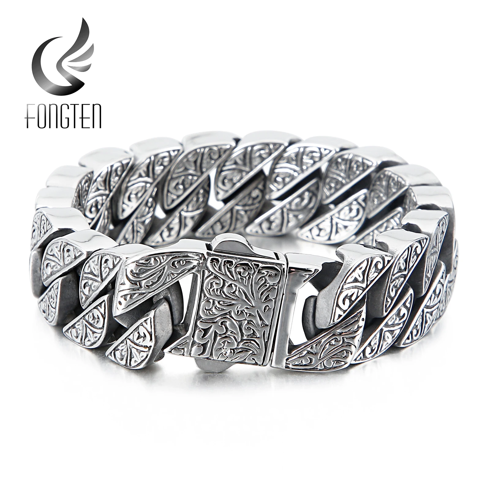 Fongten Vintage Style Bracelet Men’s Unique Carving Cuban Link Chain Stainless Steel Men Bracelets Bangle Fashion Jewelry