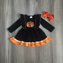 Детская одежда для девочек одежда на Хэллоуин для девочек черное платье с двойным лицом тыквы с пайетками для маленьких девочек Эксклюзивное платье с бантом для девочек