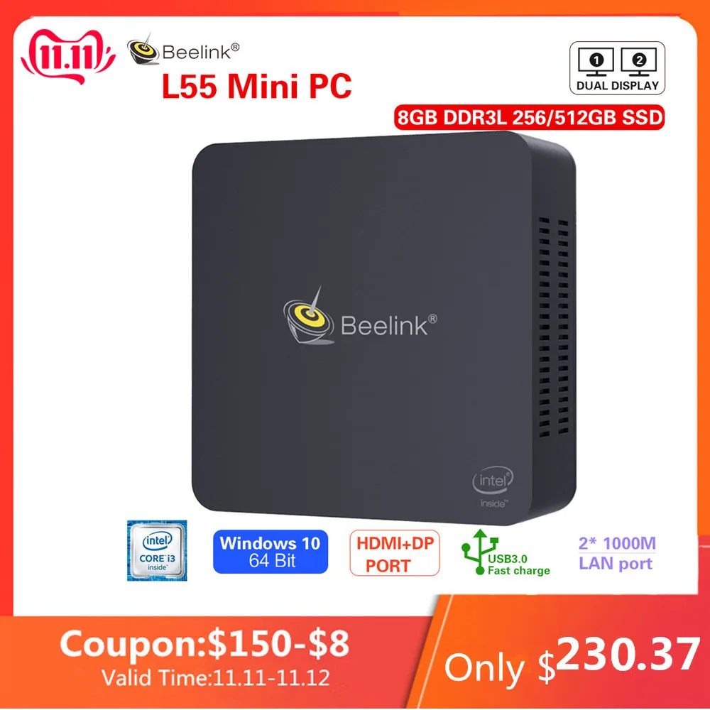 

Beelink L55 i3 5005U Mini PC Windows 10 8GB DDR3L 256GB 512GB SSD 2.4+5.8GHz Dual WiFi 1000Mbps BT4.0 HDMI+DP fast charge USB3.0