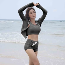 カーディガン水着女性の 3 長袖ブラウス分割フラット脚パンツジッパースポーツ腹カバー日焼け水着(China)