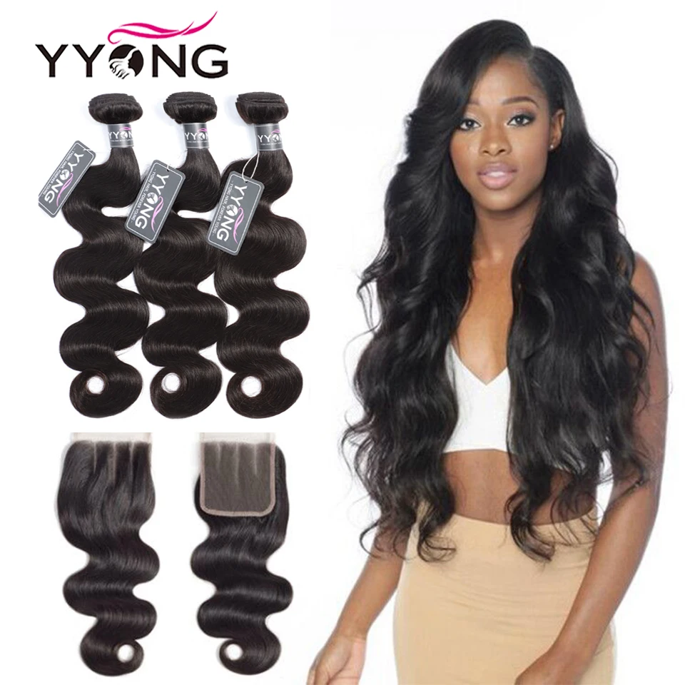 Best Yyong Hair 3 Bundles Brazilian Body Wave Bundles With Closure 4x4 Remy 4Pcs Lot Human Hair Weave Bundles With Lace Closure
