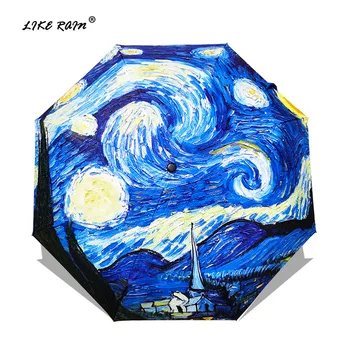 

LIKE RAIN Van Gogh Oil Painting Umbrella Kids Quality Windproof Female Umbrellas Rain Women Folding Anti-UV Sun Parasol YHS01