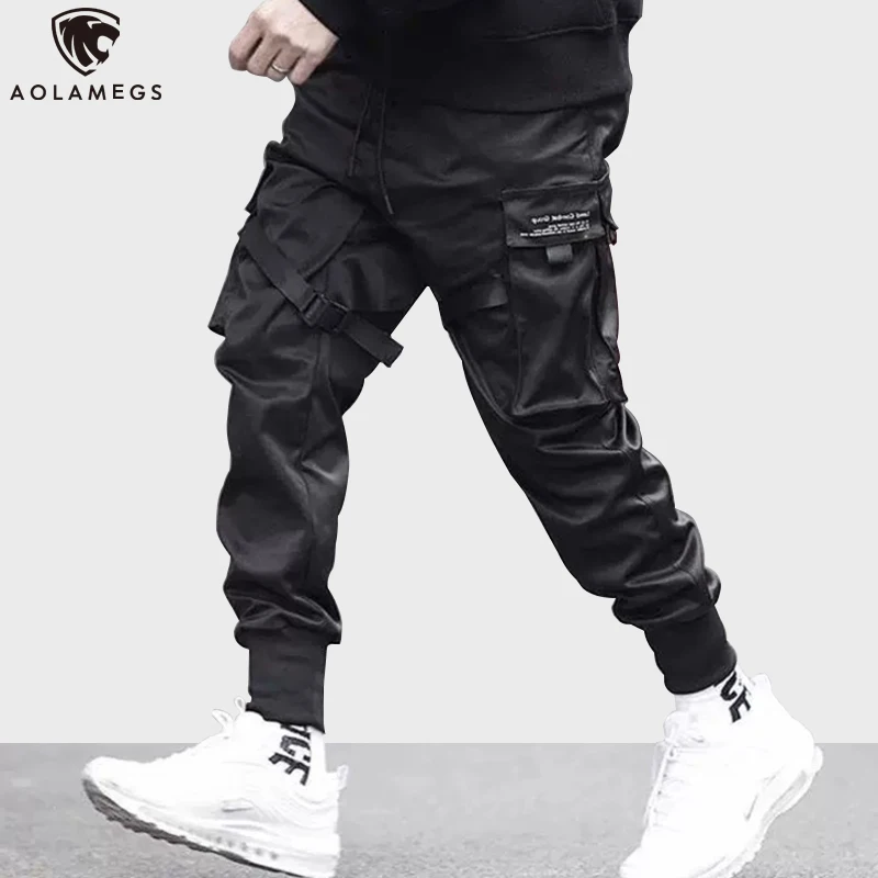 Aolamegs Sweatpants Solid Color Men Pants Elastic Waist Drawstring Multi-Pocket Cargo Pants Baggy High Street Style Streetwear Aolamegs Sweatpants Solid Color Men Pants Elastic Waist Drawstring Multi-Pocket Cargo Pants Baggy High Street Style Streetwear
