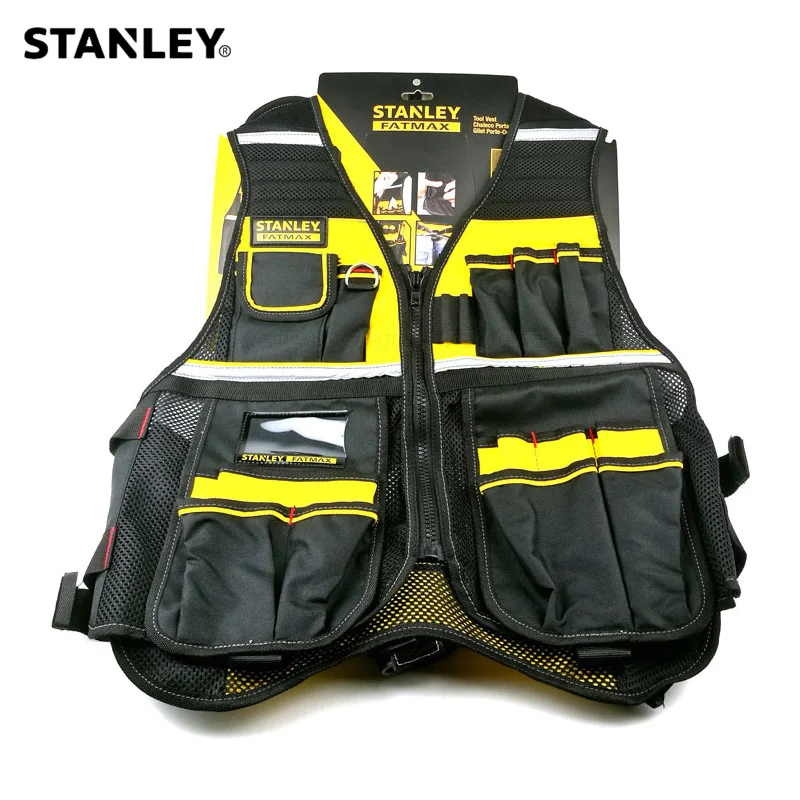Stanley Fatmax multi pocket vest voor gereedschap in zwart geel reflecterende veiligheid strip verstelbare riem werkkleding mannen werken tool vesten Stanley Fatmax multi pocket vest voor gereedschap in zwart geel reflecterende veiligheid strip verstelbare riem werkkleding mannen werken tool vesten