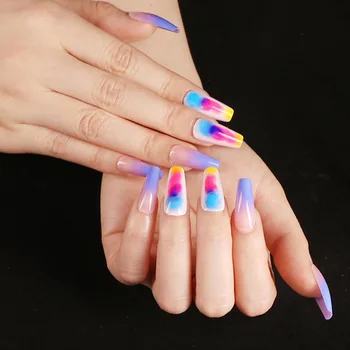 

24pcs Purple Gradient Rainbow Color Ballet Long Coffin Fake Nails Colorful Beauty Fashion Style Girls Hands Decoration D