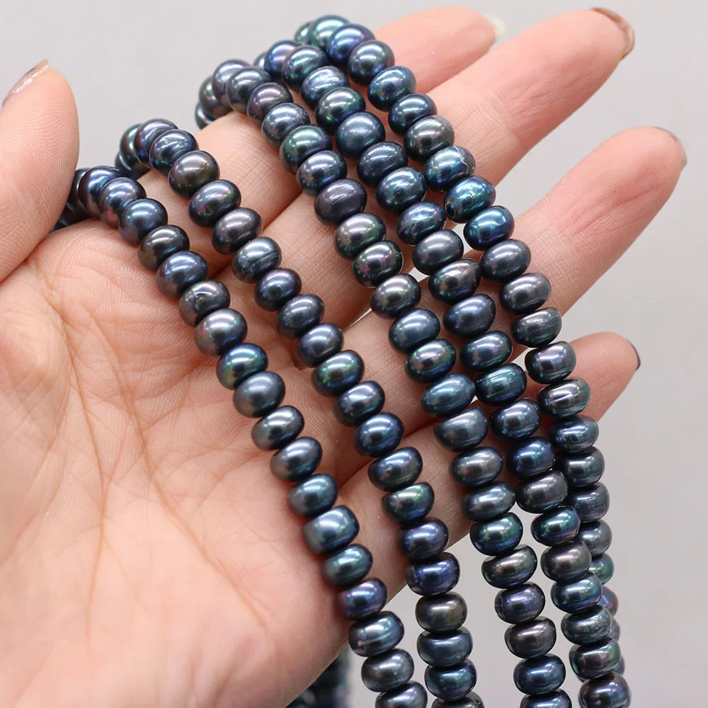 Natural Freshwater Pearls Black Flat Round Beads Jewelry Making for DIY Necklace Bracelet Accessories Size 8-9mm