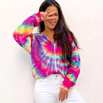 

2020 New Fashion Tie Dye Hoodies Coat Women Hooded Zippers Long Sleeve Loose Baggy Casual Jackets Female Outwear Autumn Clothing