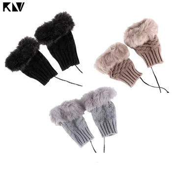 

KLV Women USB Powered Electric Heating Gloves Fluffy Plush Crochet Knitted Elastic Hand Warmer Plaid Jacquard Half Finger Mitten