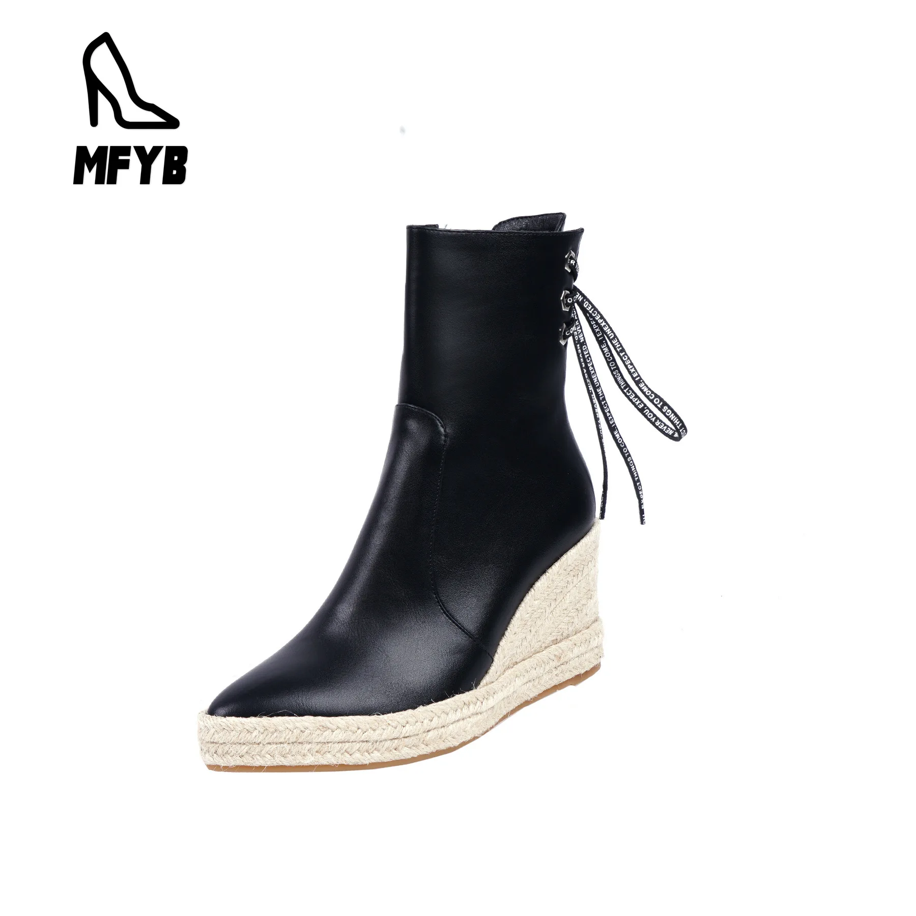 

MFYB Women's boots 2019 winter new fashion pointed high-heeled shoes wedges side zipper 34-43 large size low boots