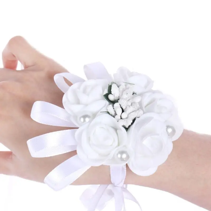 Women Bridesmaid Girl Wedding White Wrist Corsage Artificial Rose Wrist Flower Imitation Pearl Jewelry Bracelet Prom Party Decor photo