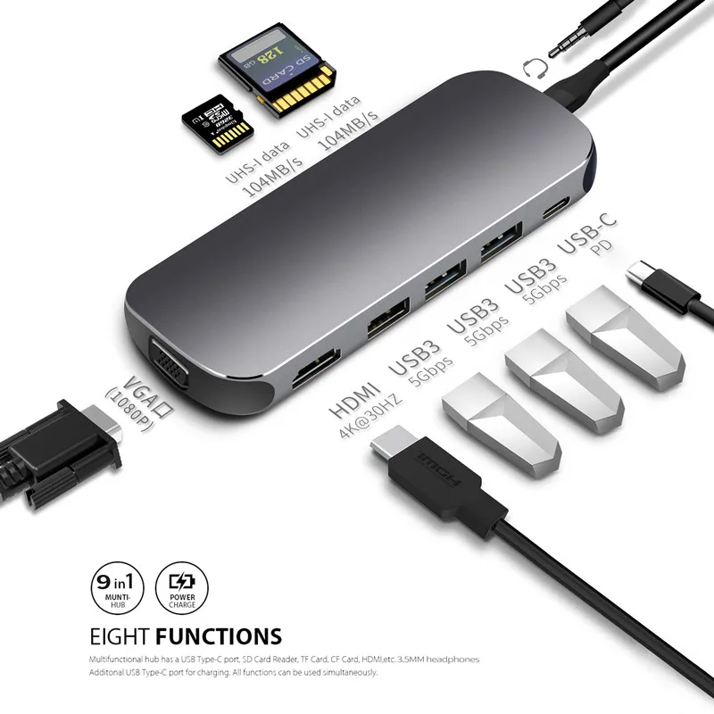 AJIUYU usb-хаб C концентратор для нескольких USB 3,0 HDMI адаптер док-станция для MacBook Pro Air Аксессуары USB-C type C 3,1 разветвитель порт USB C концентратор - Цвет: 9 in 1 VGA and HDMI