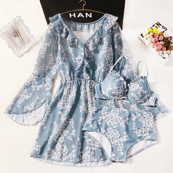 

Staerk split 3-piece set show thin belly cover up long sleeve blouse South Korea ins conservative fairy style holiday swimsuit