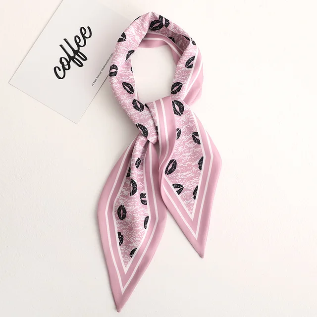 Sweet Love Print Women Small Silk Scarf Handle Bag Ribbons Female Head Scarves Sharp angle Green 90*10cm 49