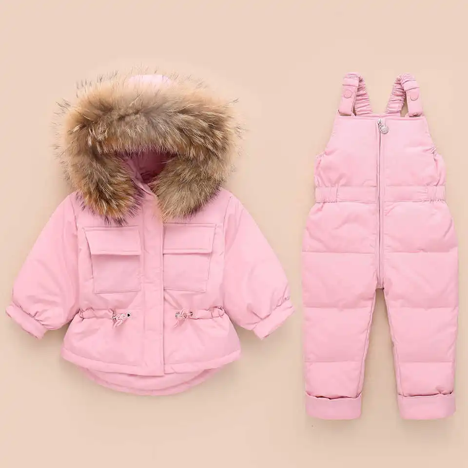 Комплекты детской одежды для русской зимы, комбинезон, зимняя куртка+ комбинезон, комплект из 2 предметов, пуховое пальто на утином пуху для маленьких мальчиков и девочек, куртка с меховым капюшоном