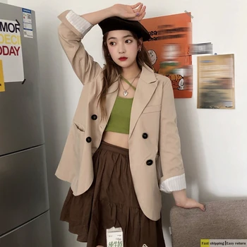 

Women Khaki Blazer 2020 Autumn New Korean double-breasted Office Lady Net Red Small Suit Jacket Women Outwear Coat