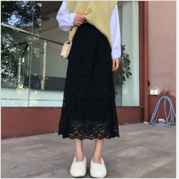

2020 New Lace Women Skirt Spring Summer High Elastic Waist Skirt Lady Mid-Calf Sweet Lace Skirt Femme A-Line Hollow Out H343