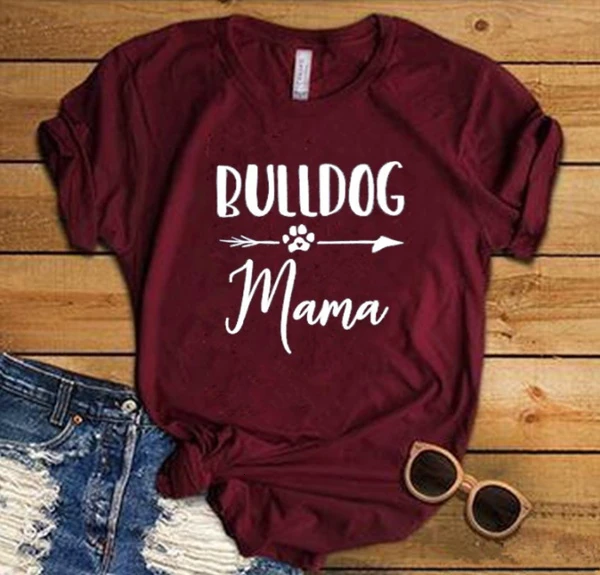 Женская футболка с принтом Bulldog Mom Life и надписью Повседневная круглым вырезом