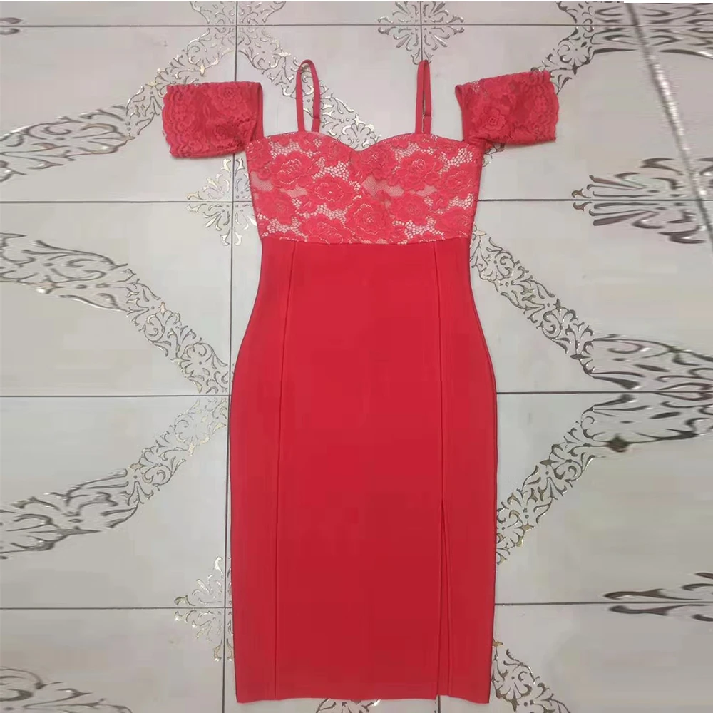 New red slash neck off shoulder short sleeve sexy bodycon celebrity club evening bandage dress wholesale