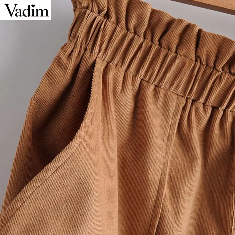 Vadim для женщин шикарные вельветовые брюки для девочек Твердые эластичный пояс карманы пуговицы женские винтажные базовые длинные брюки KB172