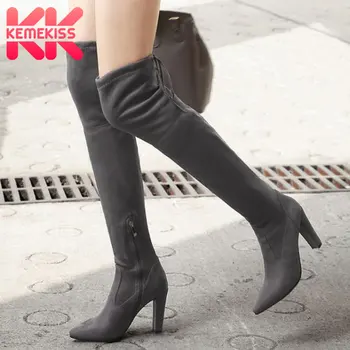 

KemeKiss Women Over Knee Boots Fashion Zipper Sexy High Heel Winter Shoes Woman Pointed Toe Stretch Boot Footwear Size 34-43