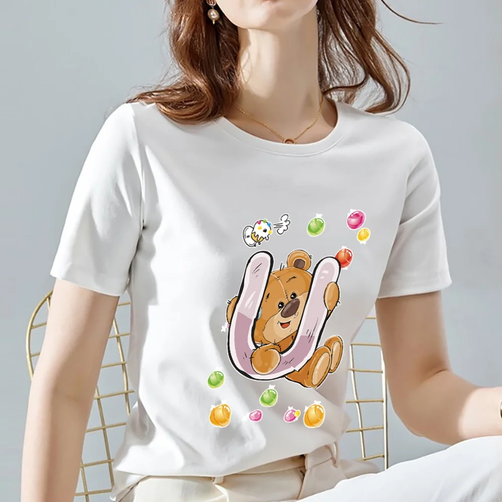 

Women's 26 English U Letter T-shirt Fashion White Cute Cartoon Bear Print Series Ladies Top Casual Round Neck Slim Short Sleeve