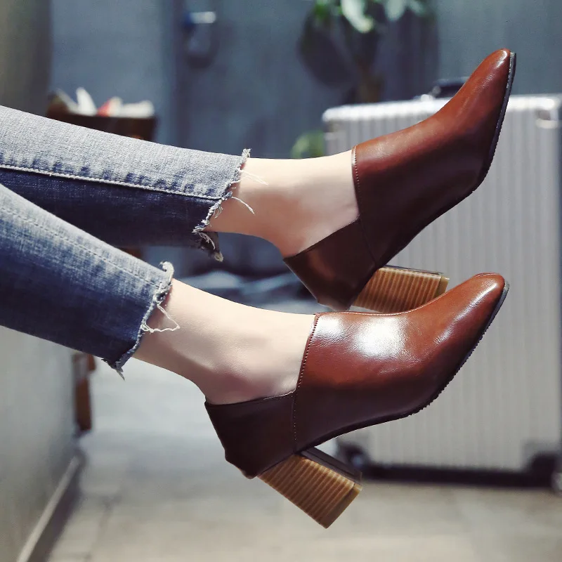 

Fashion Square Heel Basic Pumps for Women High Pointed Toe Slip-on Ladies Pumps Solid Female Single Shoes