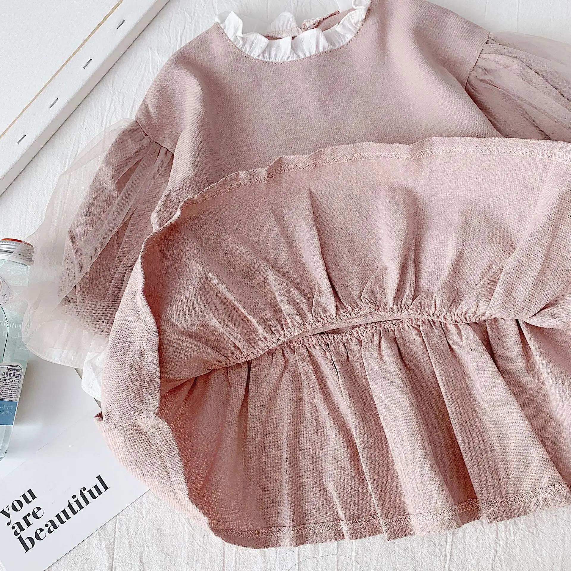 Korean style girls mesh lantern sleeve princess dress Autumn baby girl cotton patchwork cute dresses