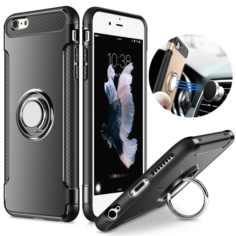 

Schokbestendig Case voor iPhone 7 6 6s 8 Plus X 5 5s se Xs Max XR Siliconen en hard Cover Met Magnetische Metalen Telefoon Ring