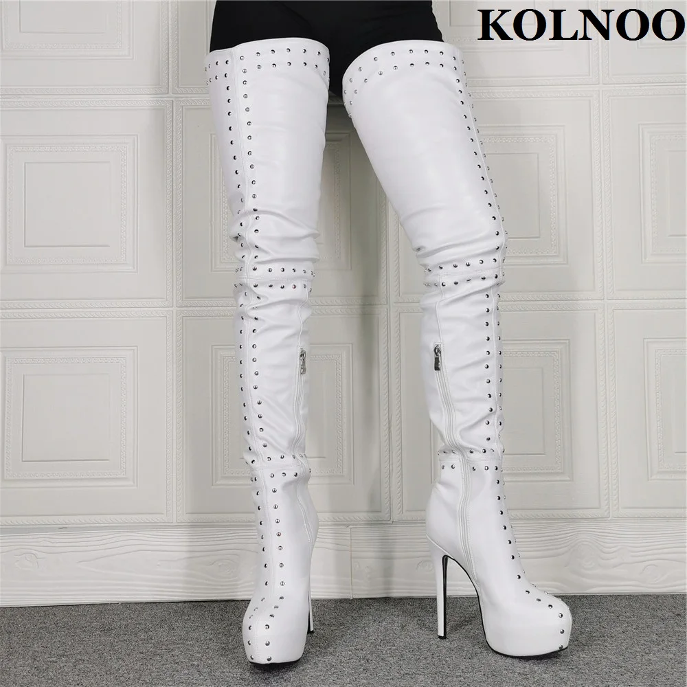 

Kolnoo New Real Photos Ladies Thigh High Boots Rivets Spikes Platform Evening Club Over Knee Boots Fashion Winter Party Shoes