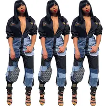 Woman hip hop denim stitching long-sleeved micro chapter zipper pocket jumpsuit black trend clothing spring 2020 Woman hip hop denim stitching long-sleeved micro chapter zipper pocket jumpsuit black trend clothing spring 2020